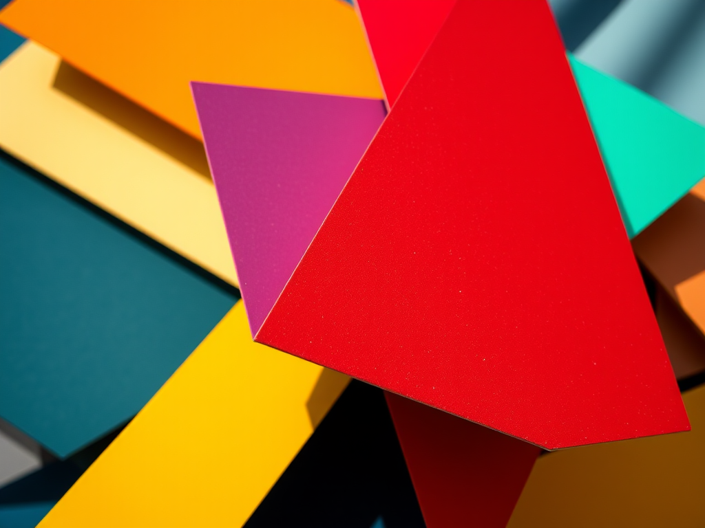 Create an abstract digital artwork featuring geometric shapes and contrasting colors, photographed with a DSLR camera at f/8 aperture, ISO 100, 50mm lens, in natural light, capturing a close-up perspective to enhance detail and vibrancy.