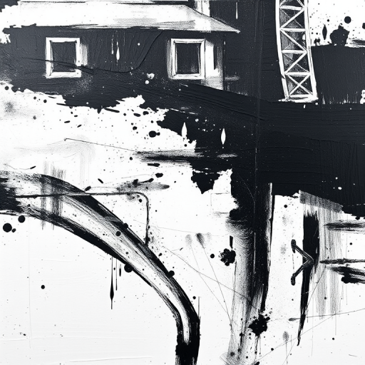 create an abstract black and white painting with bold brush strokes and textured layers
