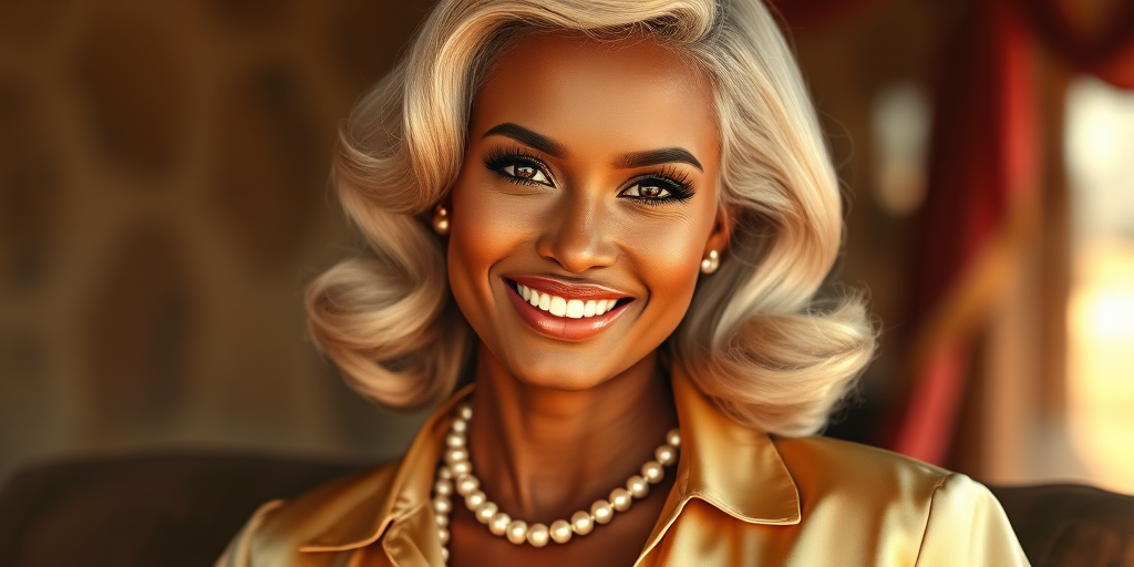 A beautiful Zulu woman reminiscent of 1950s Hollywood glamour, with perfectly styled blonde hair and a seductive smile, dressed in a satin blouse and adorned with pearls, soft and warm tones, photorealistic, 8K