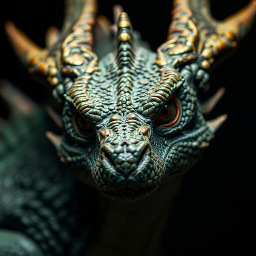 Create a highly detailed portrait of a dragon with intricate scales and fierce eyes, captured in low-light conditions with a 50mm lens at f/1.8, ISO 200, using a DSLR camera with a shallow depth of field to emphasize the dragon's features against a dark background.