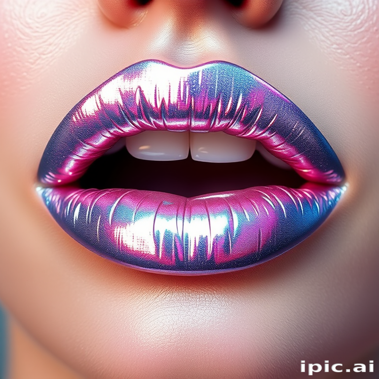 Holographic silver lips with a chrome effect, named "Lunar Gleam," featuring a high-impact metallic shine and futuristic appeal for bold looks