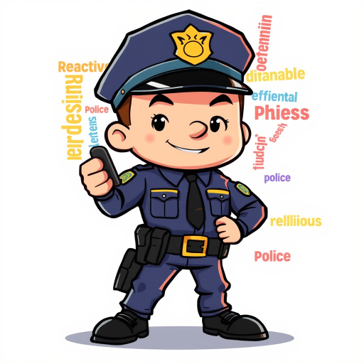 Create an illustration of a cartoonish police officer character made out of colorful words like "reactive," "defensive," and "rebellious," using a high-resolution camera at 50mm, f/2.8 aperture, ISO 100, and a dynamic angle to enhance detail and vibrancy.