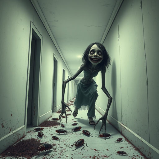 a crooked female with long arms and a creepy smile is crawling along a long white corridor and you can also see cockroaches in it there is a creepy atmosphere creepy art style
