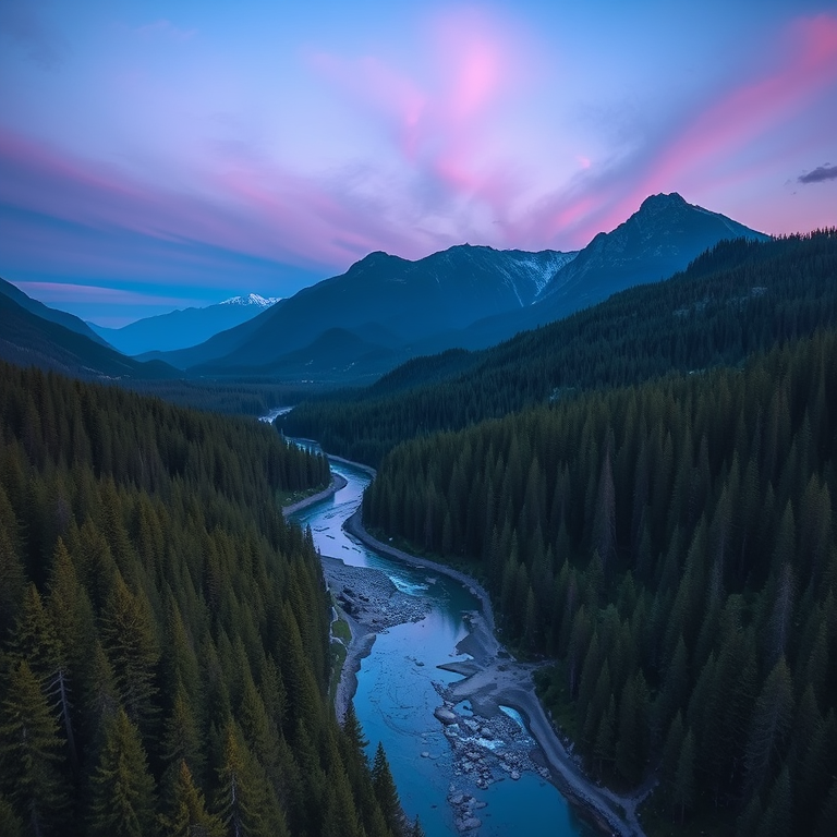 generate a serene landscape featuring a winding river through a forested valley with mountains in the background under a twilight sky, use a Canon EOS R5 camera with an aperture of f/8, shutter speed of 1/125s, ISO 100, and a wide-angle lens of 24mm for a vibrant and detailed composition