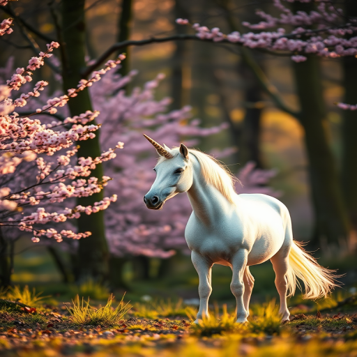 Unicorn standing in a serene forest with pink cherry blossom trees, soft golden light filtering through, taken with a Canon EOS R5, 50mm lens, aperture f/1.8, ISO 100, shallow depth of field for enhanced background blur.