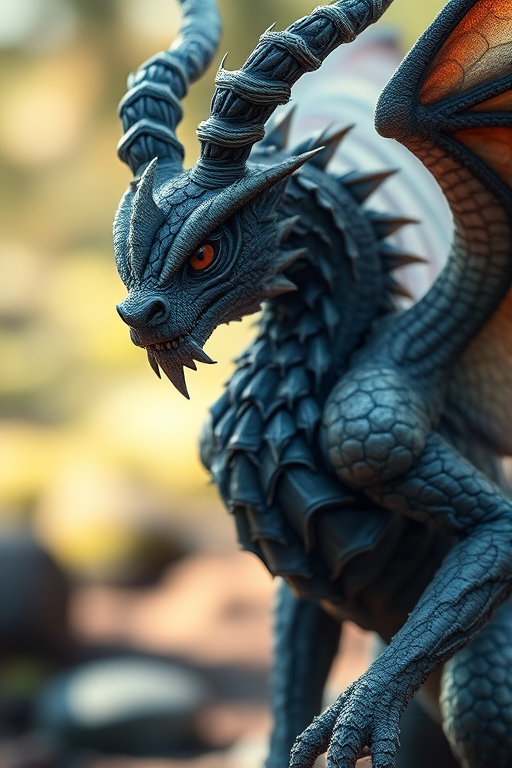 Generate a high-resolution illustration of a mythical creature with intricate details, captured at a 50mm lens, f/1.8 aperture, ISO 200, in natural light settings, using a DSLR camera with a shallow depth of field to emphasize the creature against a softly blurred background.
