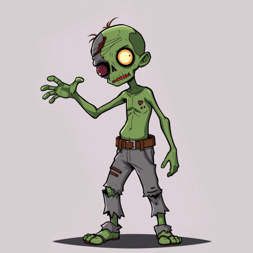Create an illustration of a zombie character with green skin and a half-destroyed face, standing in a dynamic pose with an outstretched arm, wearing torn gray pants and a belt, set against a gradient background; use a digital camera with a 50mm lens, f/2.8 aperture, 1/125s shutter speed, and a soft focus effect for enhanced depth.