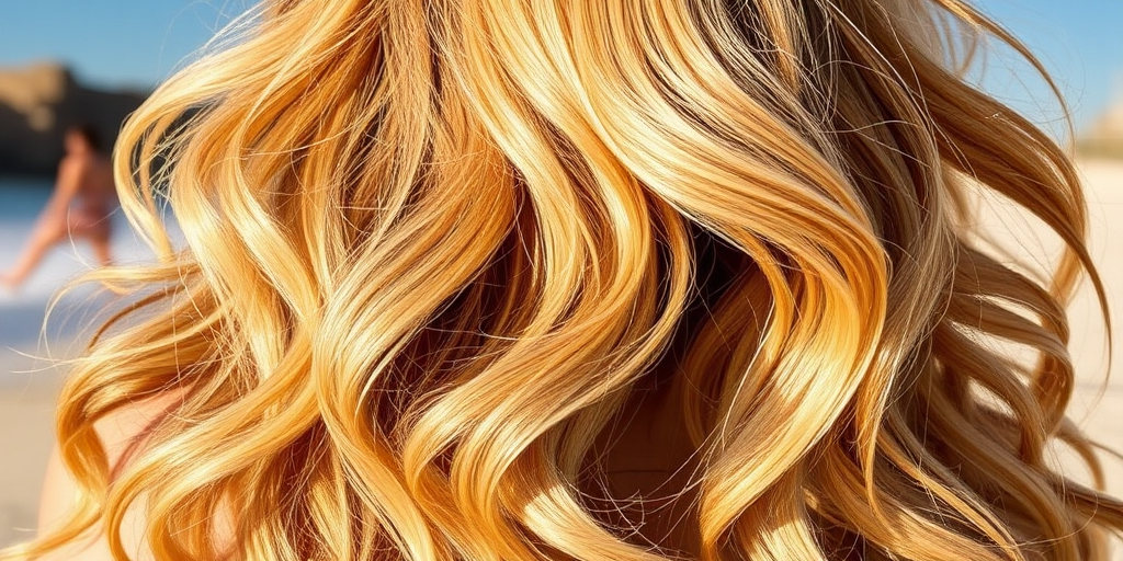 Sunlit Honey Harvest glows with golden blonde tresses interwoven with caramel and amber highlights, styled in voluminous beach waves that capture the essence of summer
