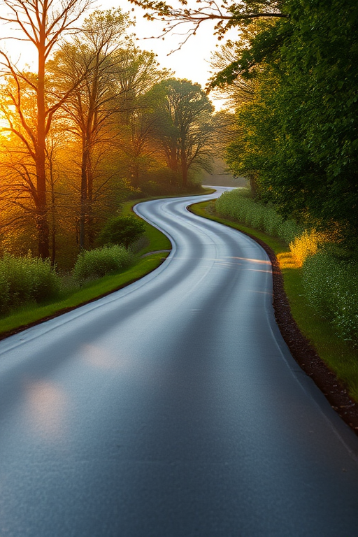 Capture a winding country road surrounded by lush trees and greenery during golden hour using a DSLR camera, 50mm lens, aperture f/2.8, shutter speed 1/200s, ISO 100, and a slight tilt from a low angle to enhance depth.