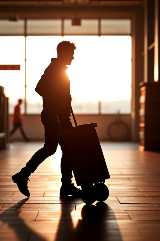 Generate an image of a silhouette of a person pushing a hand truck in a well-lit environment, using a DSLR camera with a 50mm lens, aperture f/1.8, ISO 200, shot in portrait orientation, focus on sharp outlines and high contrast against a bright background.