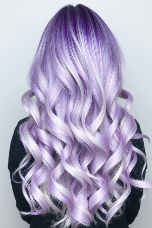 Multidimensional lavender and silver ombre hair named "Twilight Mist," flows in graceful mermaid waves from roots to tips, blending seamlessly from a deep purple crown to shimmering silver ends, creating a magical and ethereal effect that captivates the imagination