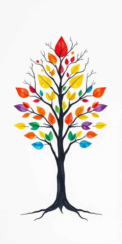 Create a vibrant watercolor tree with a symmetrical design, featuring colorful leaf shapes in red, orange, yellow, green, blue, and purple, black bare branches, minimalist background, shot with a Canon EOS R5, 50mm lens, f/1.8 aperture, ISO 100, natural light.