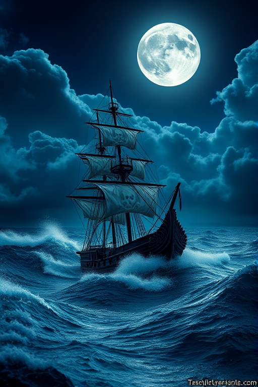 Create a high-resolution image of a pirate ship sailing through tumultuous waves under a full moon, with dramatic stormy clouds in the background, using a DSLR camera with a 24mm lens, f/2.8 aperture, ISO 200, and a long exposure setting to capture motion in the water and enhance details in the ship.