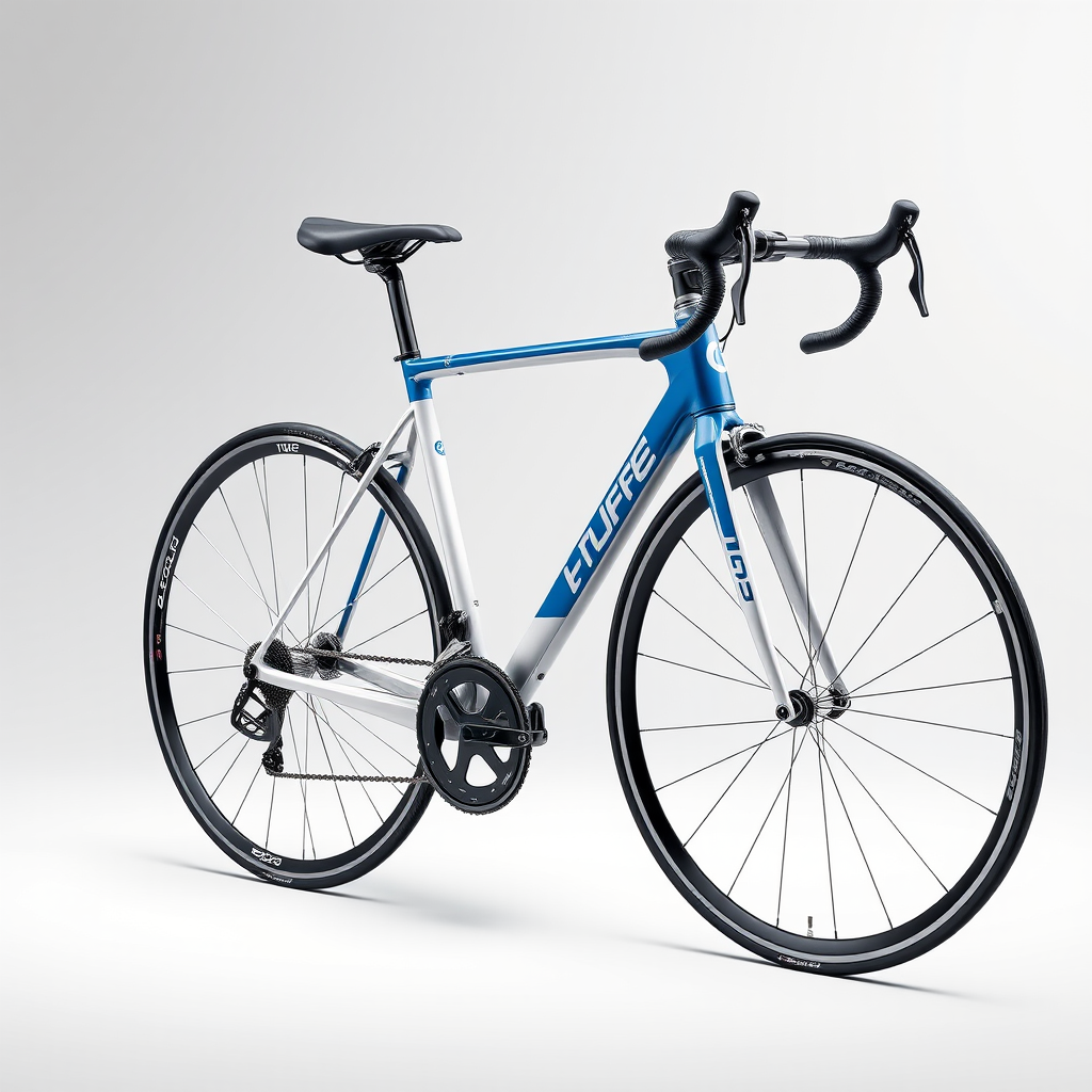 Create a highly detailed, professional illustration of a sleek road bike with a blue and white color scheme, showcasing its frame, wheels, and components, in a clean, minimalistic studio setting, with a 50mm f/1.8 lens on a DSLR camera, ISO 100, aperture priority mode, and soft diffused lighting to enhance the image quality.