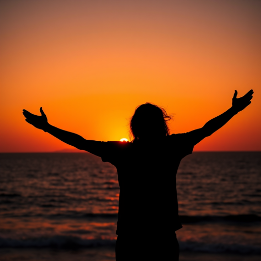 a silhouette of a person with arms outstretched against a vibrant orange sunset over the ocean, shot with a Canon EOS R5, 50mm lens, f/1.8 aperture, ISO 100, shutter speed 1/2000 sec, wide-angle view for enhanced depth and clarity
