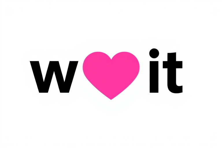 Generate a high-resolution logo design featuring the text "we" in bold black, a pink heart in the middle, and "it" in bold black, using a DSLR camera with a 50mm lens, f/1.8 aperture, ISO 100, in a well-lit studio setting.