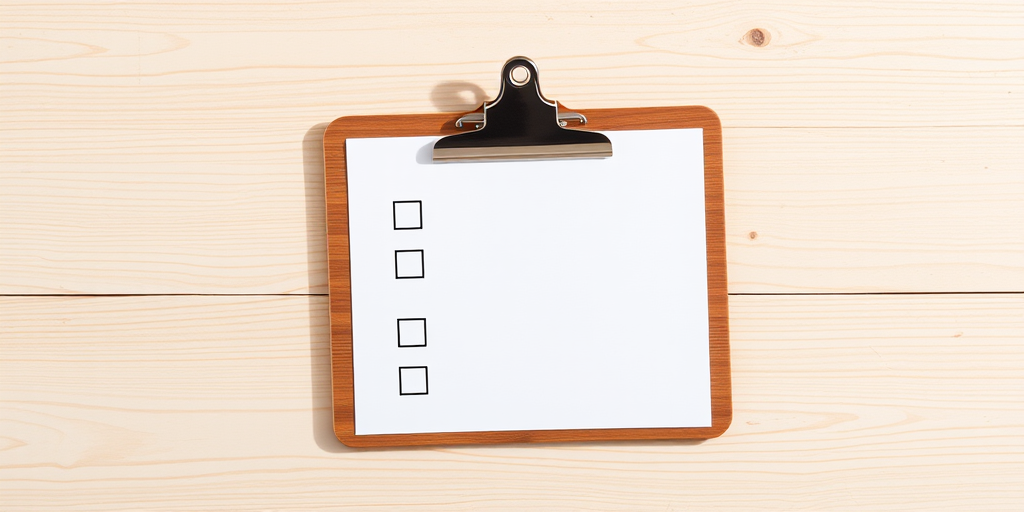 Create a flat lay image of a checklist on a wooden clipboard with four empty checkbox lines, using a Canon EOS R5, ISO 100, f/8, 1/125 sec, natural lighting to enhance clarity.