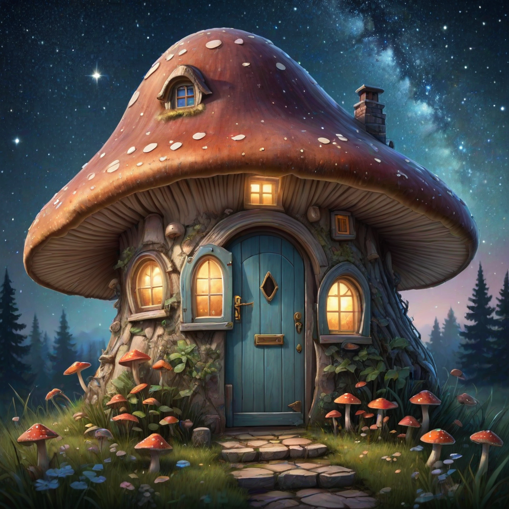 generate illustration of a mushroom house with a door and a window, a storybook , fantasy art, mushroom house, bg starry sky, sparkles