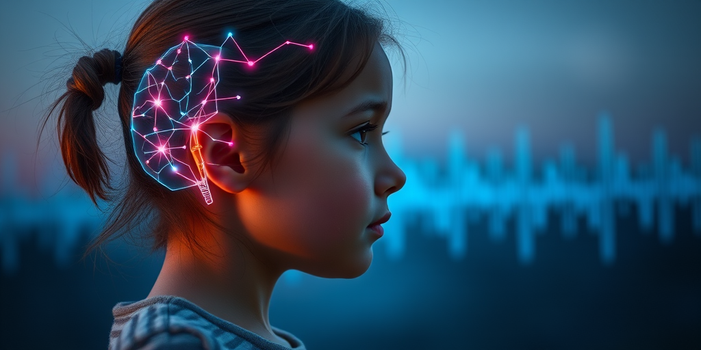 A profile image of a young girl with a glowing, translucent brain overlay, displaying neural connections, with soundwave patterns in the background; shot with a Canon EOS R5, 50mm lens, f/1.8 aperture, ISO 200, at twilight, with soft focus for a dreamy effect.