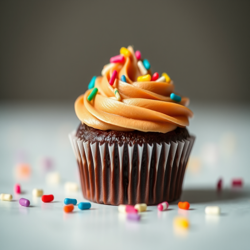 A close-up shot of a chocolate cupcake with swirls of creamy frosting topped with colorful sprinkles, softly focused background, natural lighting, aperture f/2.8, shutter speed 1/125 sec, ISO 100, DSLR camera, macro lens.