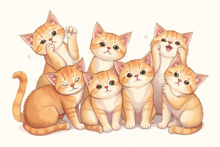 Create a high-resolution illustration of playful cats in various poses with light brown and cream colors, using a digital drawing style, 300 DPI, top-down view, soft lighting, and a graphic tablet for detailed line work.