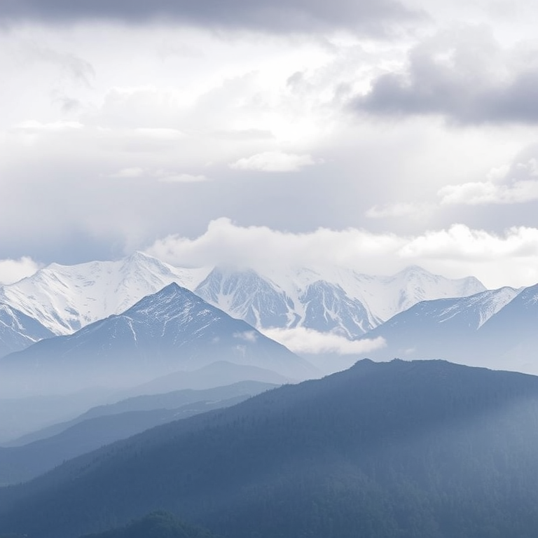 Create a high-resolution image of a misty mountain range with snow-capped peaks under a cloudy sky, using a DSLR camera with a 24mm lens at f/8, ISO 200, and a shutter speed of 1/125s, in landscape orientation with a soft focus background for enhanced depth.