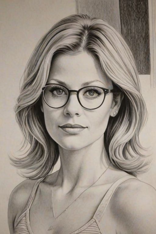 Pleasing Candace Cameron Bure, pencil sketch, portrait of Ravishing woman 1974s in glasses, hair style beatnik, outline, clear lines, fine lines, 8k