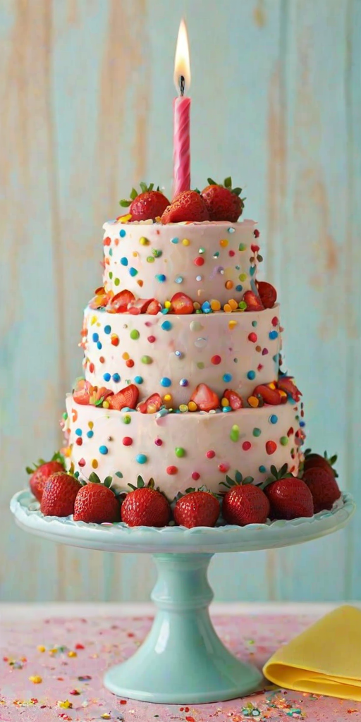 Create an image of a fun and whimsical birthday cake with multiple layers. The cake should have colorful sprinkles, topped with fresh strawberries and a single candle. Add a friendly face to the cake and include small legs at the bottom to give it a playful character. The background should be simple and bright to emphasize the cake.