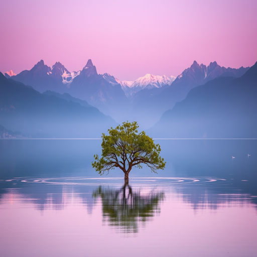 a tranquil landscape featuring a solitary tree in calm waters reflecting majestic mountains in the background under a soft purple hue, captured with a Canon EOS R5, 50mm lens, f/1.8 aperture, ISO 100, with a shallow depth of field and golden hour lighting to enhance the serene atmosphere