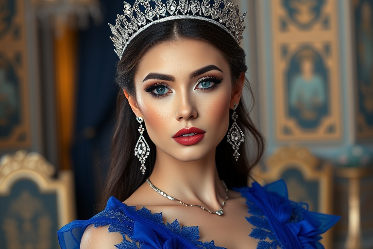 A gorgeous Kyrgyz woman in a luxurious blue gown, accessorized with a dazzling tiara and statement earrings, her deep blue eyes highlighted by impeccable makeup, poised in a royal setting, photorealistic, 8K quality