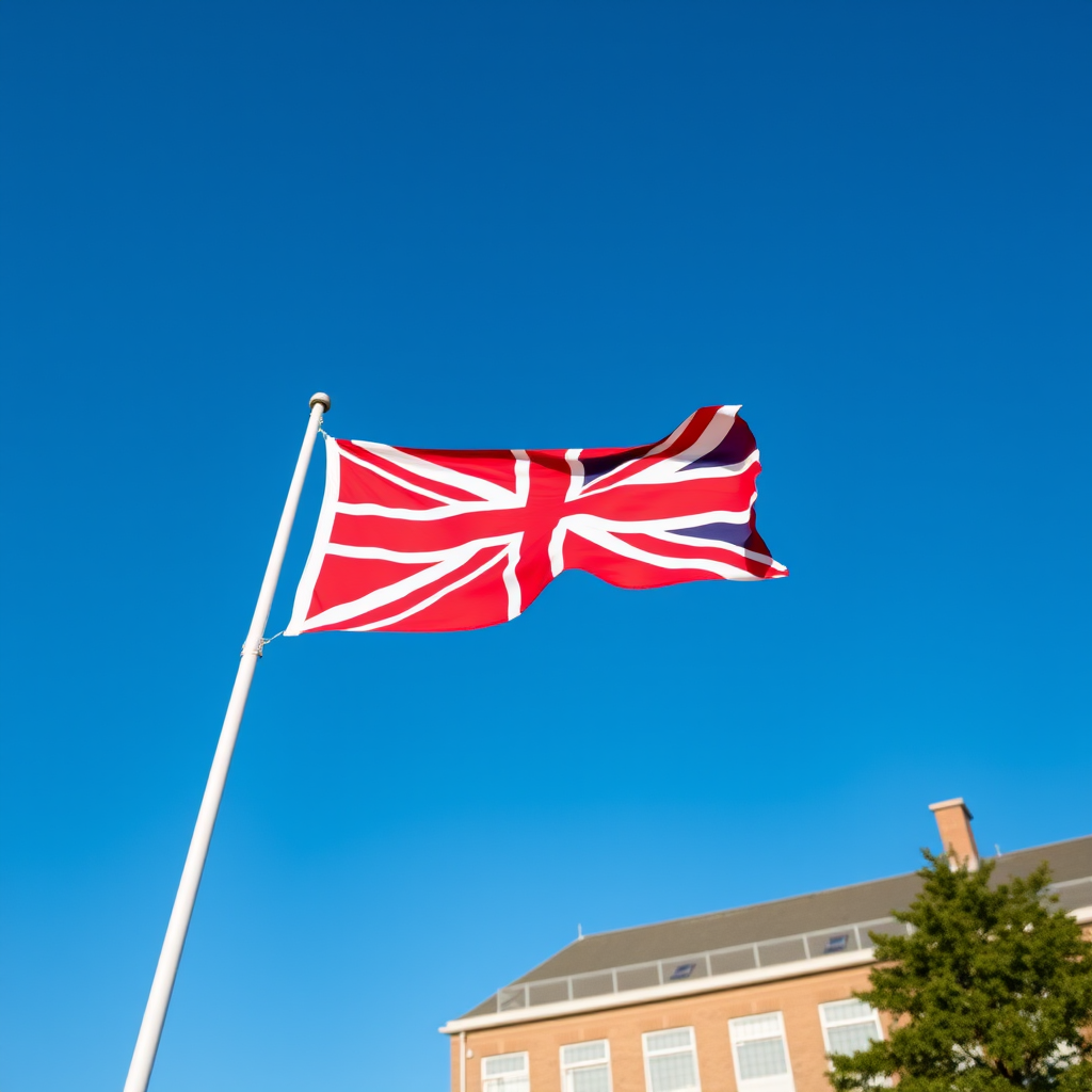 Capture a vivid image of a red flag with a Union Jack in clear blue sky, using a DSLR camera at f/8, ISO 100, 1/250 sec, shot from a low angle with a wide-angle lens.