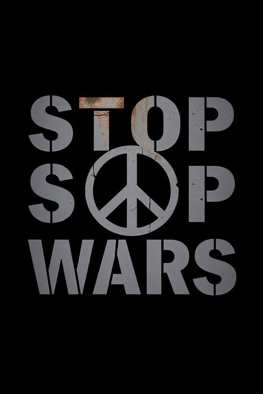 Create a high-resolution image of the text "STOP WARS" with a peace symbol in the center, using a DSLR camera with a 50mm lens, aperture set to f/1.8, ISO 100, and a shallow depth of field, in a studio lighting setup to enhance clarity and contrast.