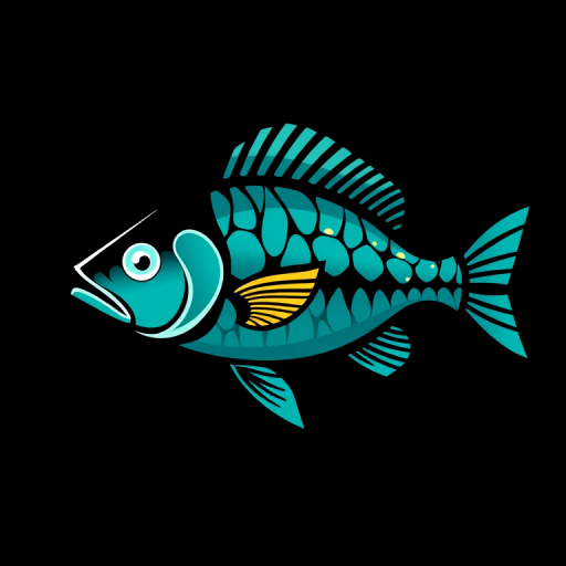 Create a high-resolution digital illustration of a stylized fish design with vibrant teal and black colors, captured with a DSLR camera at f/8, 50mm lens, ISO 100, in natural light, focusing on sharp details and contrasting shapes.