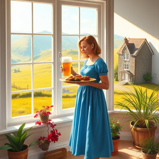 In "A Glass of Beer on the Highland," a serene scene is depicted in a sunlit room where a woman in a vibrant blue dress stands by a large window. She holds a tray with a hearty meal and a frothy glass of beer, embodying a moment of relaxation. Outside, the breathtaking highland landscape features rolling green hills and a charming traditional house, all bathed in warm afternoon light. The interior is adorned with potted plants, creating a harmonious blend of comfort and nature. The painting beautifully captures the tranquility and joy found in simple pleasures amidst stunning scenery