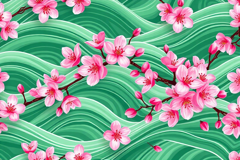 Create a seamless floral pattern with pink cherry blossoms on flowing green waves, photographed with a DSLR camera at f/8 aperture, 50mm lens, ISO 100, in daylight to enhance clarity and color vibrancy.