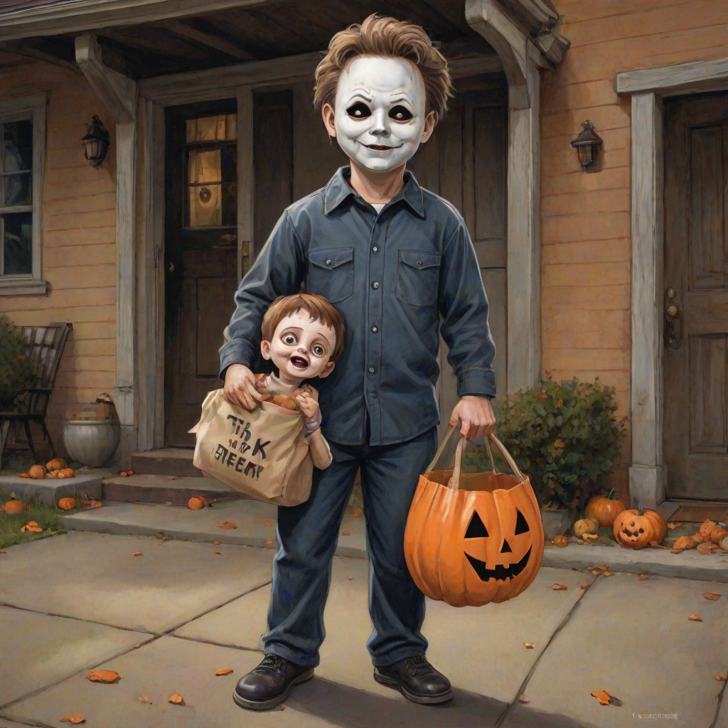 A whimsical caricature of a child version of Michael Myers, grinning mischievously. He is held by the hand of an unrecognizable person (only their hand visible), while holding a bag labeled 'Trick or Treat.' His facial expression is playful yet slightly menacing, reflecting his iconic figure. The scene is in portrait format with a Halloween theme, featuring exaggerated cartoon details like big eyes, a small body, and a creepy yet light-hearted tone.