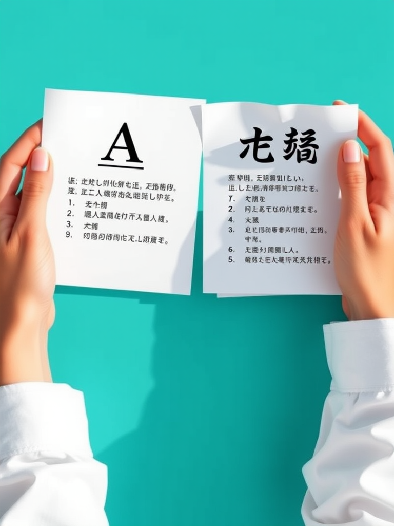 Create a high-resolution digital illustration of two hands holding sheets of paper with translations, one labeled "A" and the other with Chinese characters, on a bright turquoise background, using a Canon EOS R5 camera, 50mm lens, aperture f/2.8, ISO 100, and top-down view to enhance clarity and depth.