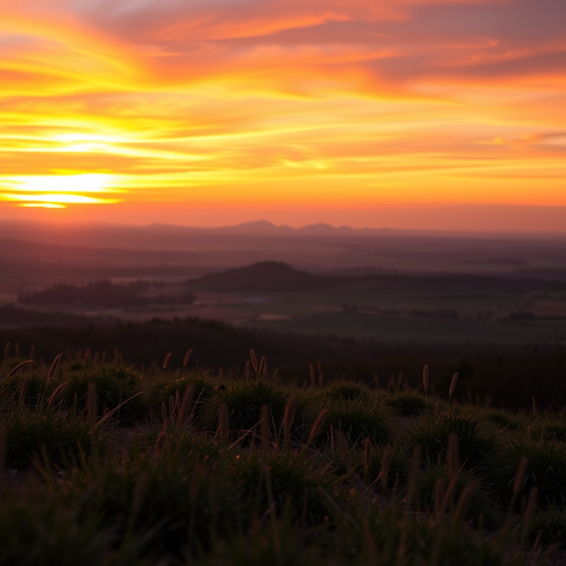 Generate a high-resolution image of a serene landscape during sunset with vibrant colors, using a DSLR camera, 50mm lens, f/1.8 aperture, ISO 100, and a low angle view for depth.