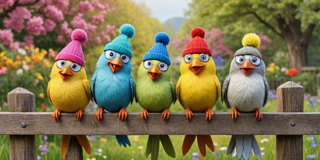 create a scene of 4 quirky  whimsical colourful comical birds each with a funny expression. they are sat on a wooden fence with colourful flowers. they are all different sizes. each one is a different colour  one is wearing a woolly hat. Each one has a different quirky google expression and there is a muted background of trees watercolour paintierly style high definition 8k resolution 3D paper mache