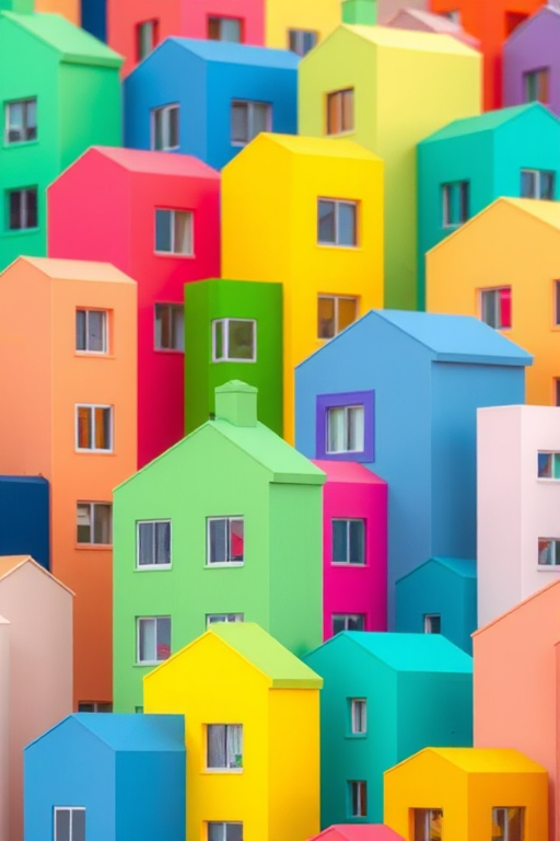Create a vibrant abstract pattern of overlapping colorful geometric buildings in various pastel shades with a soft focus to emphasize their shapes, using a 50mm lens at f/2.8 for a shallow depth of field, shot from a slightly elevated angle in a digital format to enhance image clarity and detail.