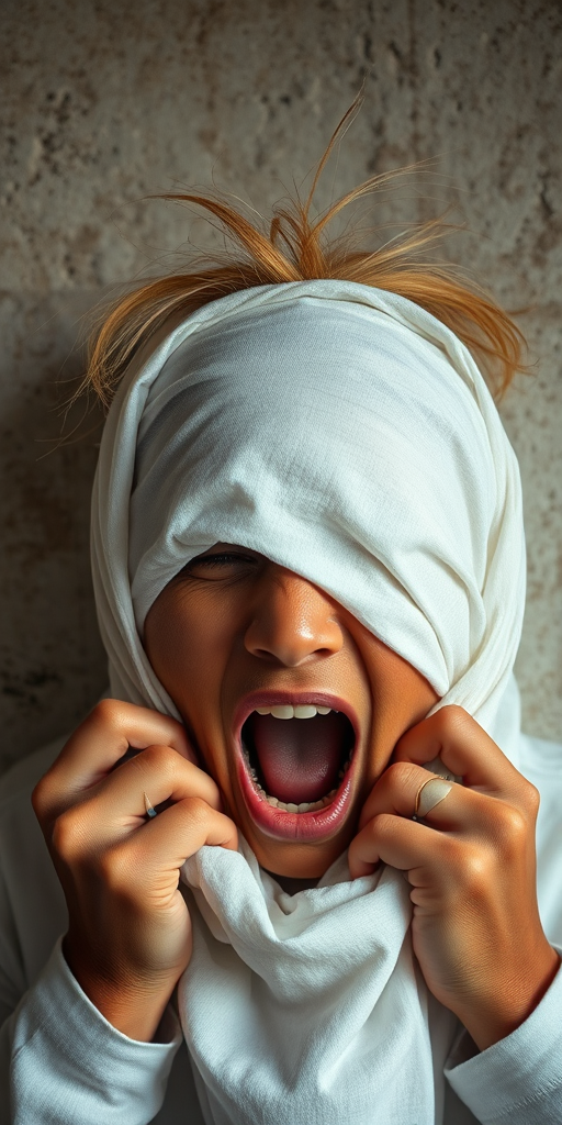 Create a close-up photographic image of a Nepali woman with light skin tones shown against an old, worn wall. Their head is wrapped in a white cloth covering (i.e.... parts of the head except the nose and mouth, which are open as if they are screaming...), with a slight texture and visible folds in the fabric. Thin strands of blonde hair escape from the wrapping above, falling lightly at the top and sides. Their hands hold the fabric as if they are tugging nervously. The lighting is dramatic and even, casting strong shadows. The image has a minimalist and surreal style with an emphasis on simplicity with soft color tones. The composition is centered.