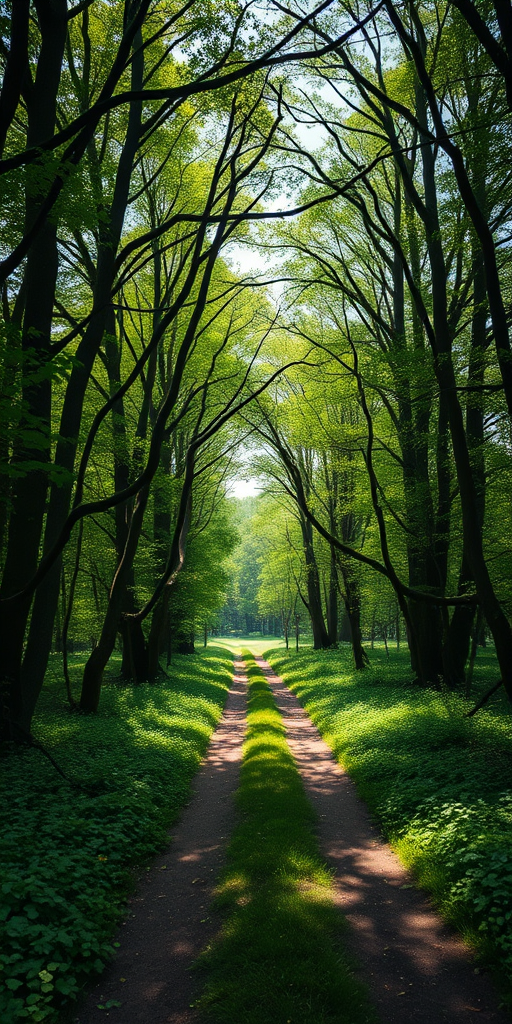 A tranquil forest path surrounded by lush greenery, captured with a Canon EOS R5, 50mm f/1.2 lens, aperture f/4, ISO 100, 1/125s, shot from a low angle to emphasize the trees arching overhead, using natural lighting to enhance the vibrant colors and details.