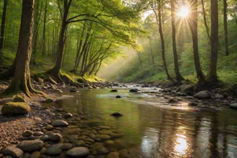 Create an image of a serene, sunlit forest scene with a clear, gently flowing river. Tall trees with lush green foliage line both sides of the river, their leaves bathed in the warm golden light of the setting or rising sun. The sunlight filters through the trees, casting soft, dappled light on the river, which flows over smooth rocks and pebbles, creating a peaceful, natural atmosphere. The sky is bright with a few scattered clouds, and the overall mood is tranquil, evoking a deep sense of connection with nature. The image captures the beauty of a calm, pristine forest landscape at either dawn or dusk.