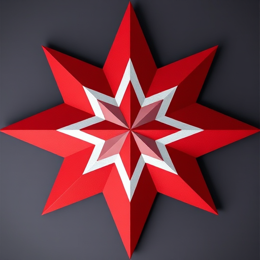 Create a high-resolution image of a geometric star with alternating red and gray sections, using a DSLR camera with a 50mm lens, f/8 aperture, ISO 100, and a soft lighting setup to enhance the clarity and color contrast.