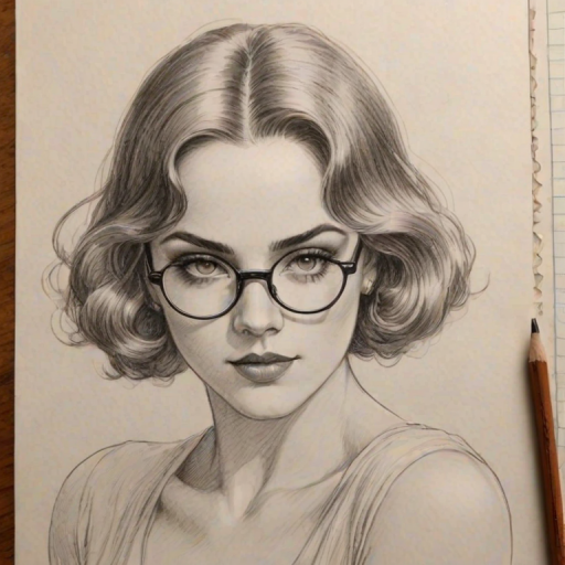 Bewitching JoJo, pencil sketch, portrait of Alluring woman 1925s in glasses, hair style beatnik, outline, clear lines, fine lines, 8k