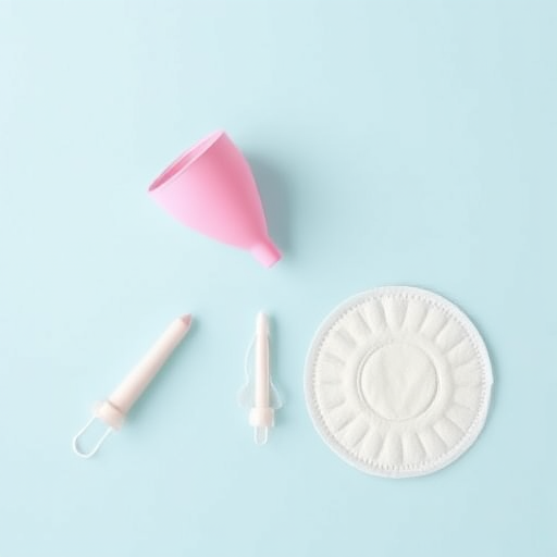Create a digital illustration featuring a menstrual cup, a tampon, and a sanitary pad arranged horizontally on a soft pastel blue background, using a high-resolution camera, 50mm lens, f/2.8 aperture, and natural lighting for enhanced clarity and color vibrancy.