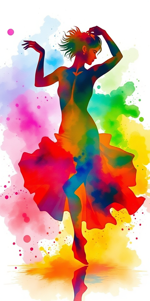 Watercolor splash silhouette of dancing figure on hip, fluid movement captured in vibrant rainbow hues bleeding into one another