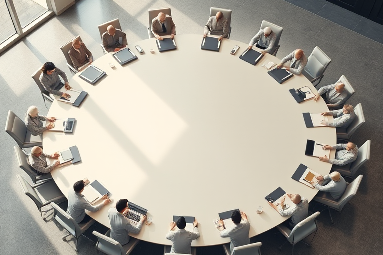Create a high-resolution image of a large round table meeting with 20 stylized human figures seated around it, captured with a Canon EOS R5 camera, 24mm lens, f/2.8 aperture, 1/125s shutter speed, ISO 100, in a top-down view with soft lighting to enhance the overall clarity and contrast.