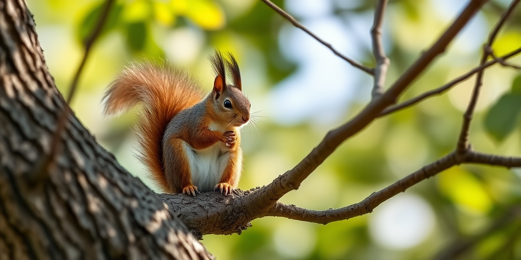 squirrel perched on a tree branch, soft natural lighting, shallow depth of field, 50mm lens, f/1.8 aperture, ISO 200, DSLR camera, high-resolution image