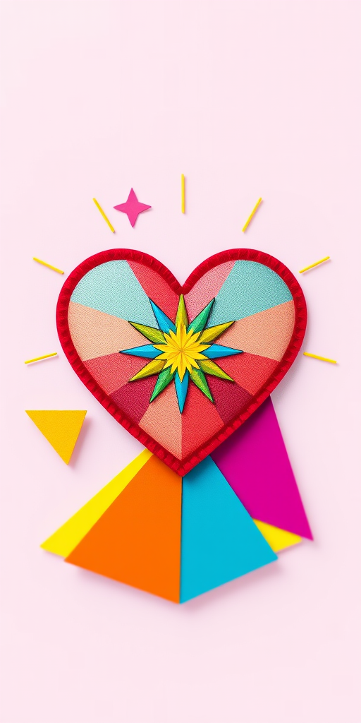 Create a high-resolution digital illustration of a vibrant heart with a starburst design in the center, layered over colorful geometric shapes in a playful arrangement, using a Canon EOS R5 camera, with an aperture of f/8, ISO 100, and a 50mm lens, ensuring a clean, sharp focus and a soft bokeh background.